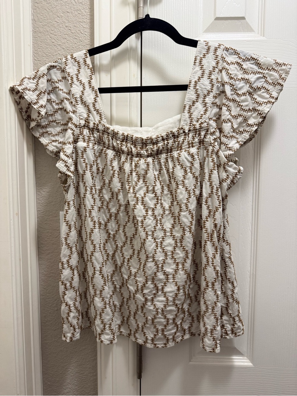 a.n.a Cream Top with Brown Geometric Stitching